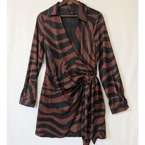 House of Harlow 1960 Revolve Satin Wrap Dress Small Brown Black Animal‎ Stripe